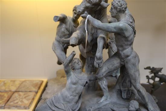 After the Antique. A large late 19th century Italian painted terracotta group of the Farnese bull, H.22in, restorations